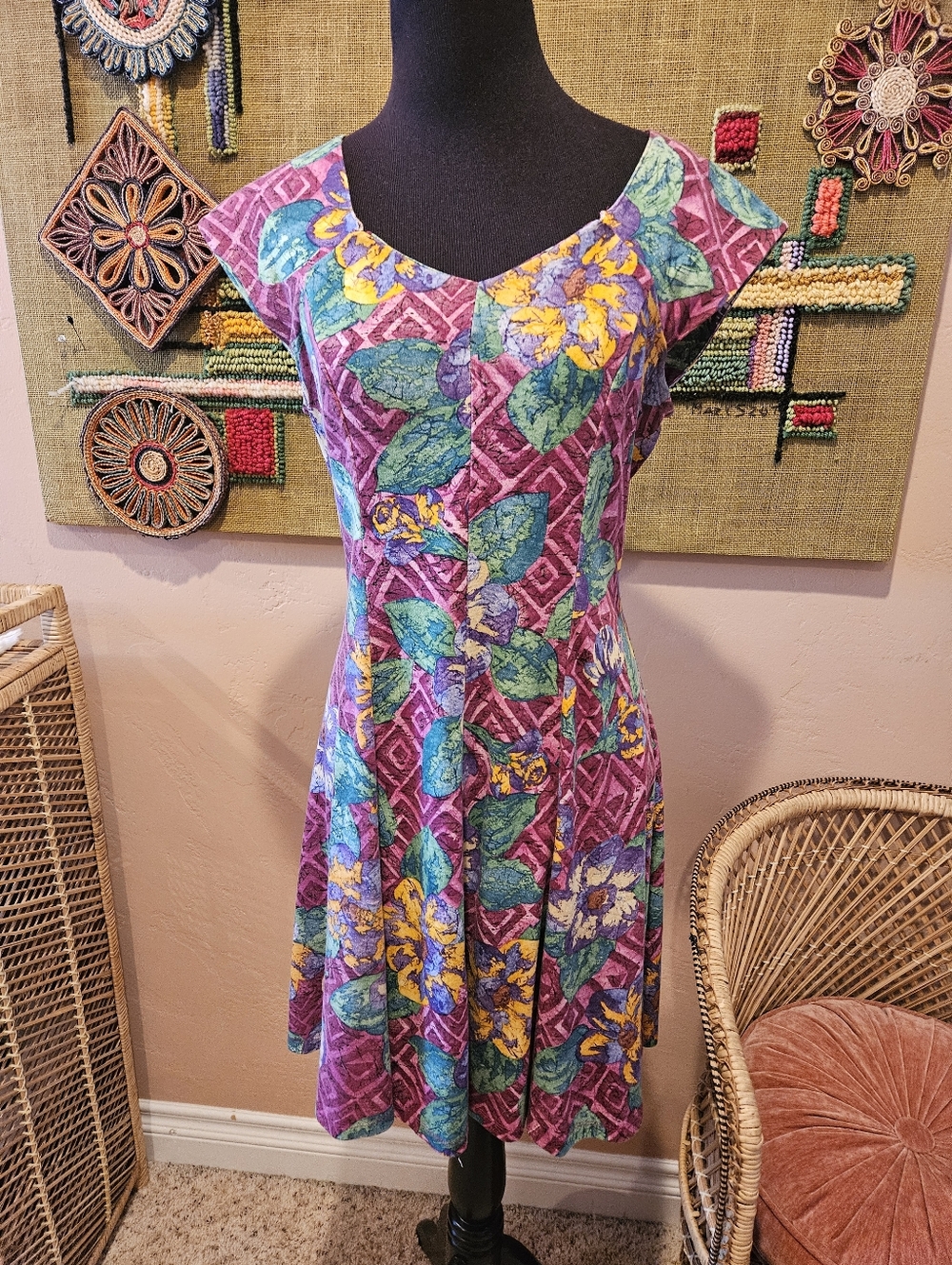 Vintage 80s Eber San Francisco Floral Abstract Dress